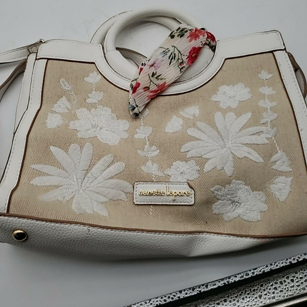 Nanette Lepore Satchel Bag Womens Medium Beige Canvas Floral Embroidered Zip Top